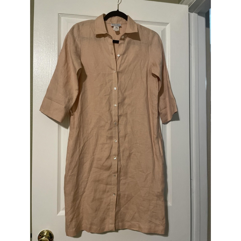 Charlotte Kellogg Dress Womens XS Beige Linen Button Front Shirt Dress Pockets
